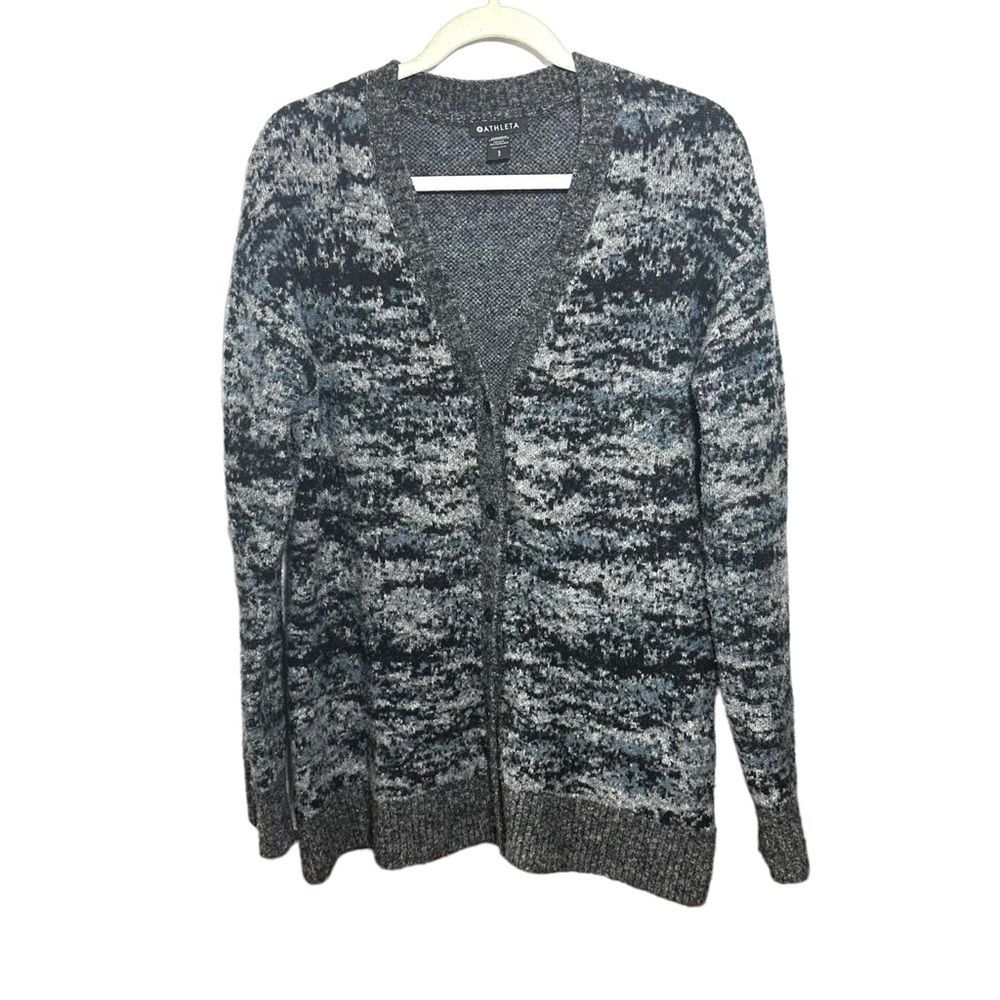 Athleta Sz S Westlake Textured Cardigan Sweater Gray Fog Camo Fine Merino Wool